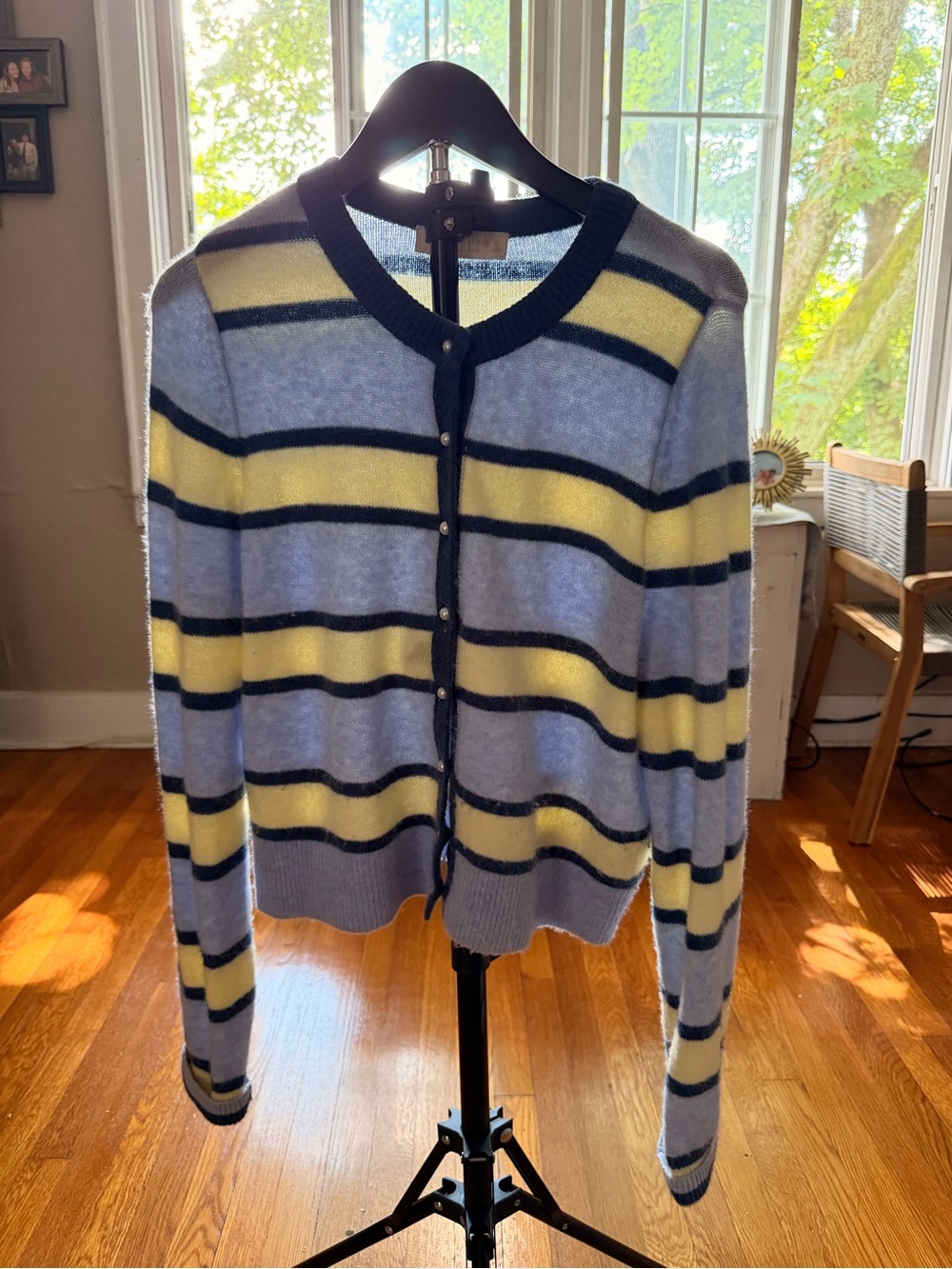 Abercrombie & Fitch Light Blue, Yellow & Navy Striped Crewneck Cardigan